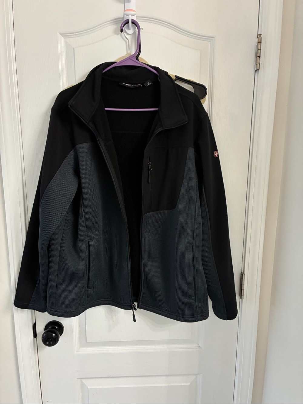 Swiss Tech Black Softshell Jacket with Red Logo Accent